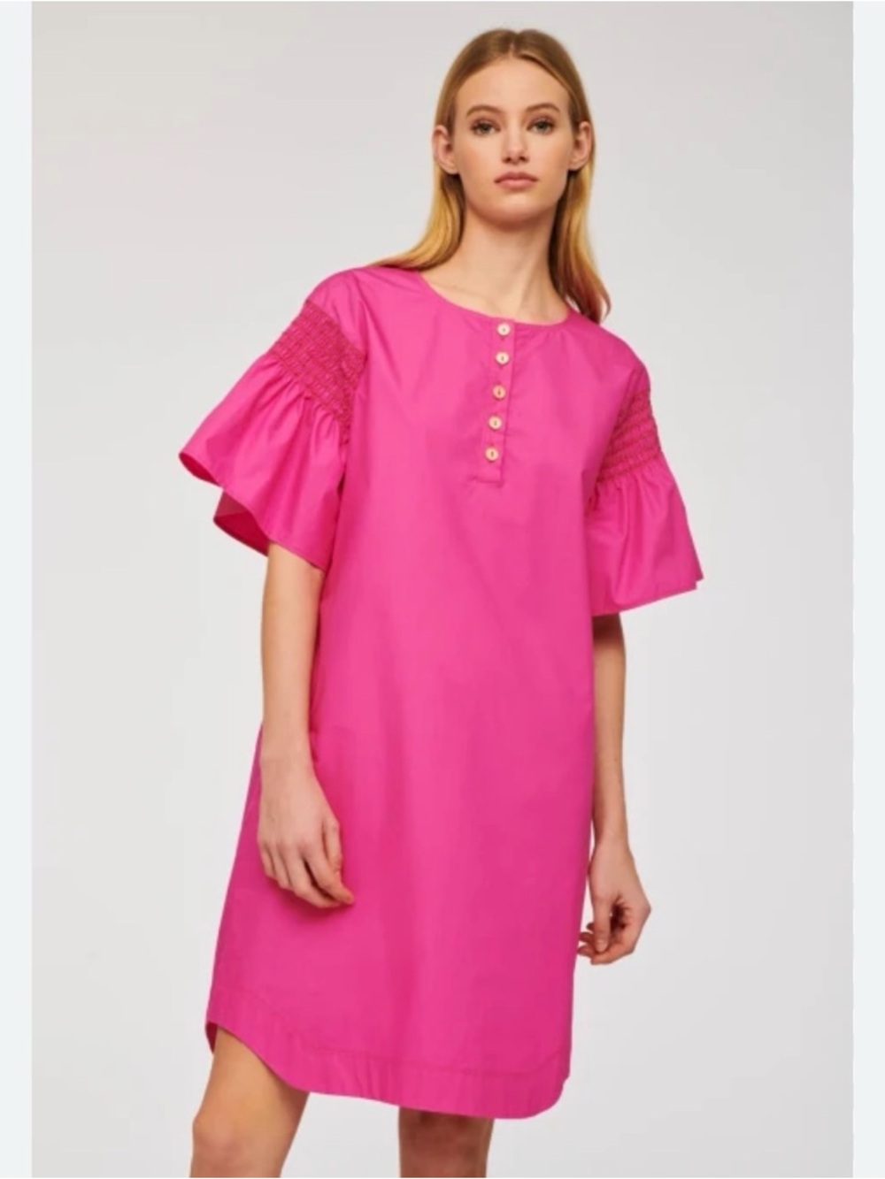 Bright Pink Smocked Sleeve Shift Dress